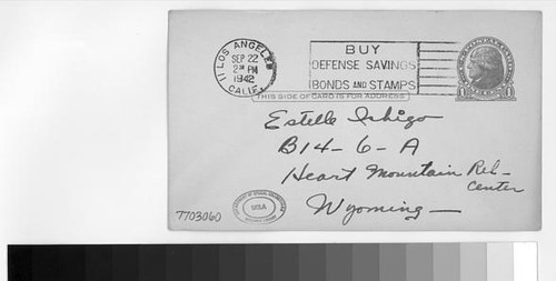 Postcard, 1942 September 22, Los Angeles, Calif., to Estelle Ishigo, Heart Mountain Relocation Center, Wyo