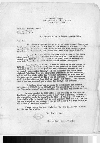 Letter, 1953 May 27, Los Angeles, Calif. to Honorable Herbert Brownell