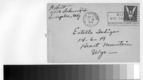 Letter, 1943 April 4, Los Angeles, Calif. to Estelle Ishigo, Heart Mountain, Wyo