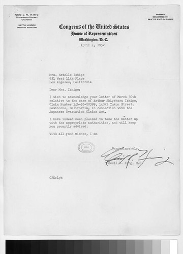 Letter, 1952 April 4, Washington, D.C. to Mrs. Estelle Ishigo, Los Angeles, Calif