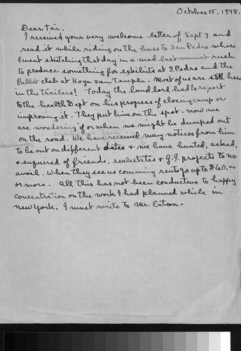 Draft letter, 1948 October 15, to Tai