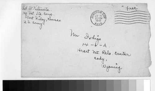 Letter, 1942 Sept. 17, Fort Riley, KS to Mr. Ishigo, Heart Mt. Relo. Center, Cody, Wyo