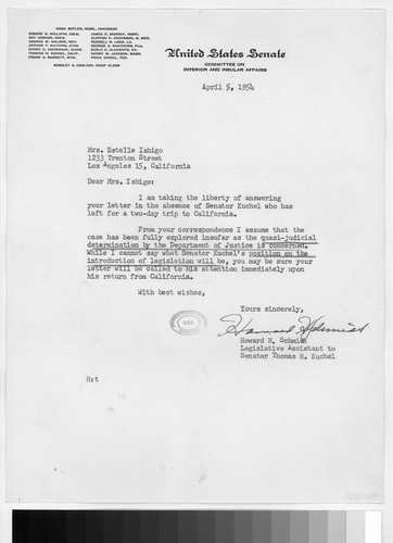 Letter, 1954 April 5, to Mrs. Estelle Ishigo, Los Angeles, Calif