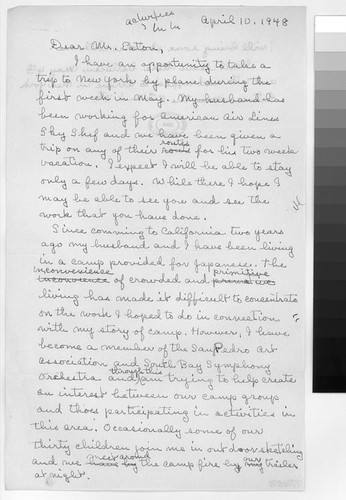 Draft letter, 1948 April 10, to Mr. Eaton