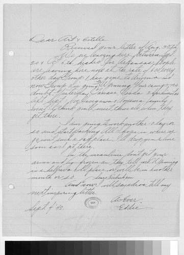 Letter, 1942 September 3, Arcadia, Calif. to Mr. and Mrs. Arthur Ishigo, Heart Mountain Relocation Center, Wyo