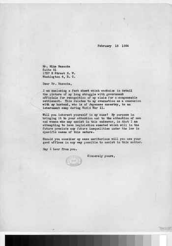 Letter, 1954 February 15, to Mr. Mike Masaoka, Washington, D.C