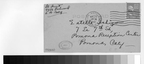Postcard, 1942 May 21, Los Angeles, Calif. to Estelle Ishigo, Pomona Reception Center, Pomona, Calif