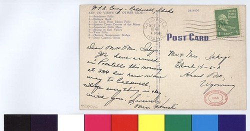 Postcard, 1945 November 5, Caldwell, Idaho to Mr. and Mrs. Ishigo, Heart Mountain, Wyo