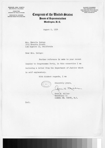 Letter, 1954 August 2, Washington, D.C. to Mrs. Estelle Ishigo, Los Angeles, Calif