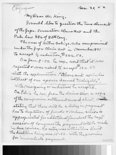 Letter, 1952 March 30, Los Angeles, Calif. to Mr. King