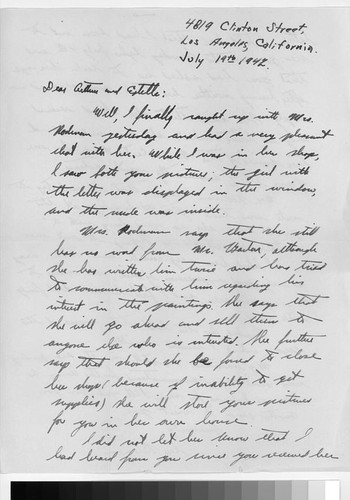 Letter, 1942 July 19, Los Angeles, Calif. to Mr. and Mrs. Arthur Ishigo, Pomona Reception Center, Pomona, Calif