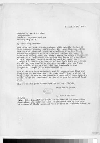 Letter, 1953 December 10, to Honorable Cecil R. King, Washington, D.C