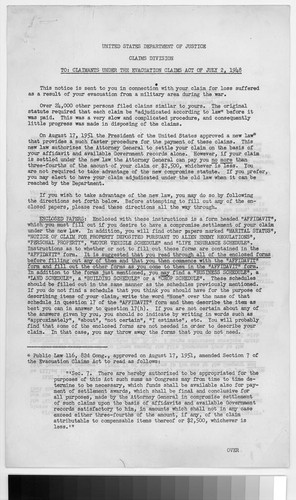 Letter, to claimants under the Evacuation Claims Act of July 2, 1948