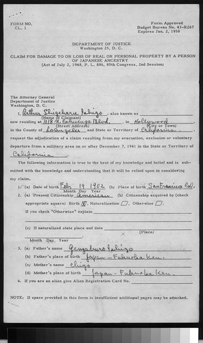 Claim for damage to or loss of real or personal property by a person of Japanese ancestry