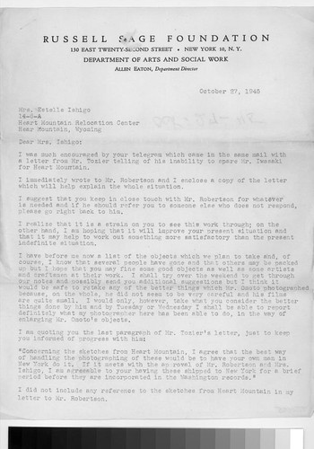 Letter, 1945 October 27, New York, N.Y. to Mrs. Estelle Ishigo, Heart Mountain, Wyo