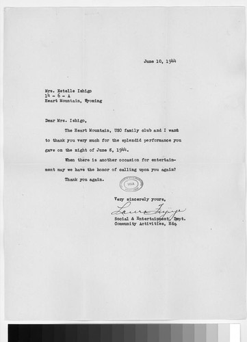 Letter, 1944 June 10, Heart Mountain, Wyo. to Mrs. Estelle Ishigo, Heart Mountain, Wyo