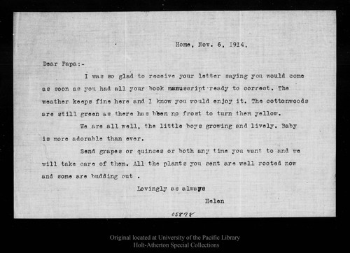 Letter from Helen [Muir Funk] to [John Muir], 1914 Nov 6