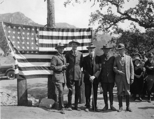 Dedications and Ceremonies, opening the Generals Highway. NPS Groups, Stephen Mather. L to R: Bill Austin, Engineer; Col. John R. White, Supt; James Welch, Engineer; Stephen T. Mather, Director NPS
