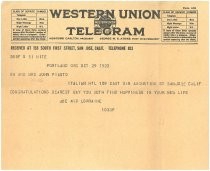 Telegram congratulating Mr. and Mrs. John Pianto