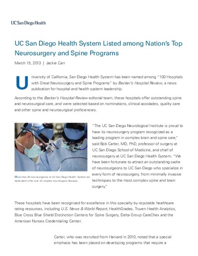 UC San Diego Health System Listed among Nation's Top Neurosurgery and Spine Programs