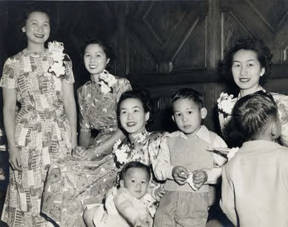 Family attending Milton's sister Lucy's wedding to George Gee at a Los Angeles restaurant. In the photo is Peggy Quon, daughter Emma, Clara, son Michael G. Quon, Stephen Lim, and his mother Barbara, Edmund Fong, with his back to the camera