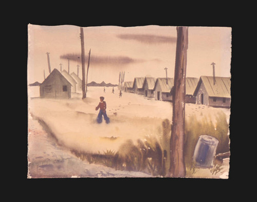 Watercolor depicting boy in front of Poston Relocation Center barracks