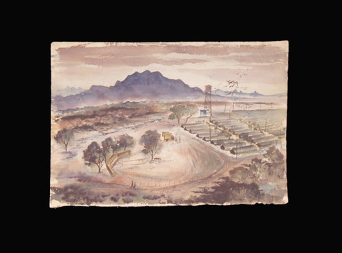 Watercolor depicting an aerial view of Poston Relocation Center at dusk