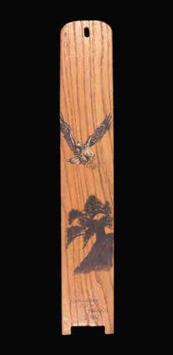 Wooden wall hanging with painting of eagle landing on cypress tree