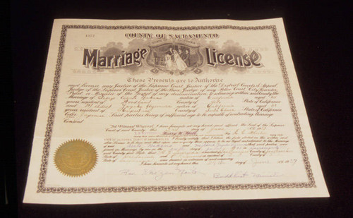 Sacramento County marriage license of Asato and Mildred Uyemura Nakano