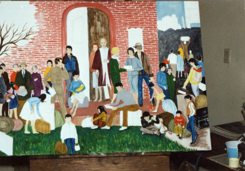 Painting depicting the day Japanese Americans left from a church in Hollywood to relocation centers