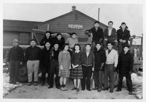 Group photo in front of Fire Station No. 1 at Tule Lake Relocation Center