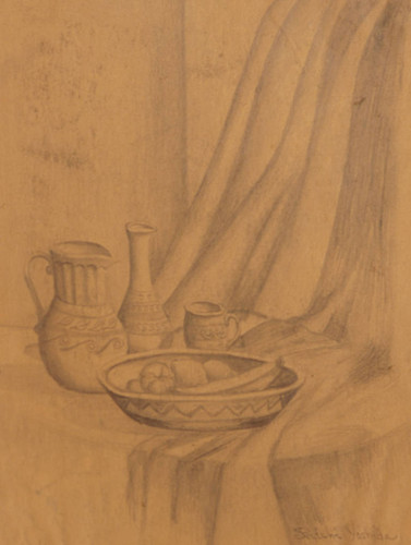 Still life pencil drawing of pitcher, vase, cup, bowl with fruit