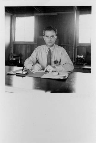 Dallas McLaren in old barrack building for Poston II Relocation Center school