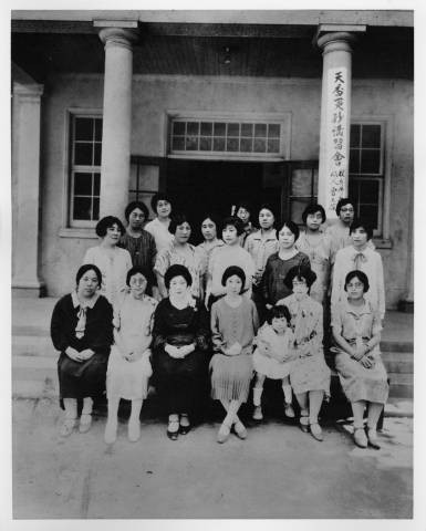 Sewing class in front of the Buddhist Church