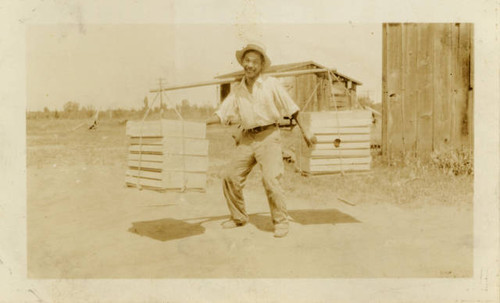 Roy Hayoshi carrying strawberry crates on the Toniguchi farm