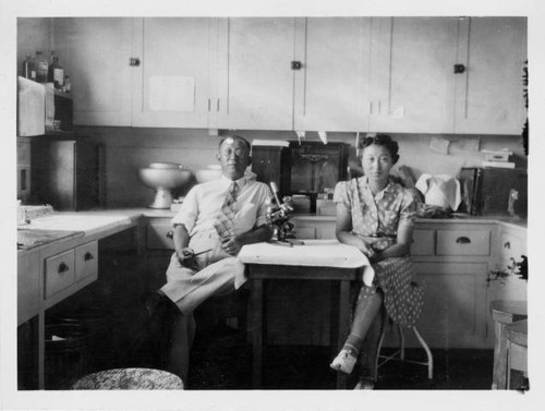 Dr. Taro Akamatsu and wife, Yasuka Akamatsu, inside hospital barrack room at Tule Lake Relocation Center