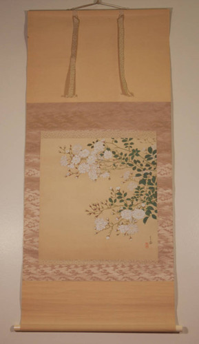 Japanese scroll with painting of white roses