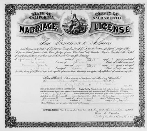 Marriage license, state of California, county of Sacramento