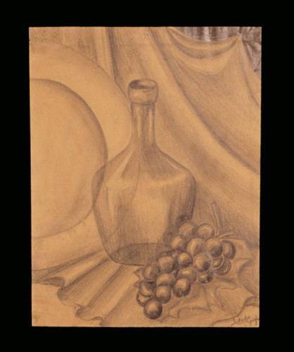 Still life drawing of plate, vase and glass