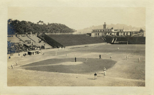 Aerial view of baseball game at Ewing Field, San Francisco