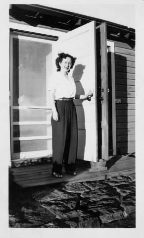 Miss Montgomery at Tule Lake Relocation Center building