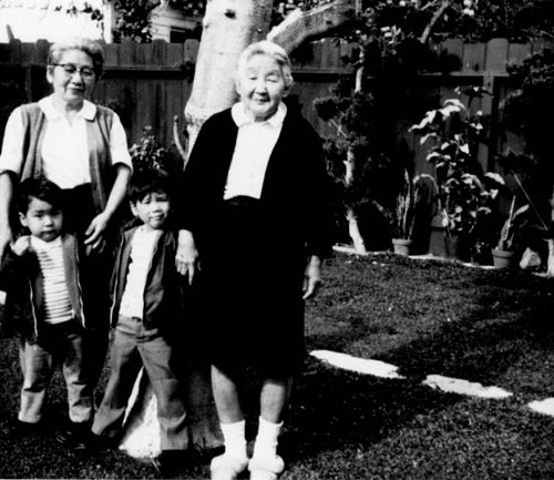 Ruby Nakano (left) with two children (Jeffrey and Douglas Nakano) and Shizu Uchida