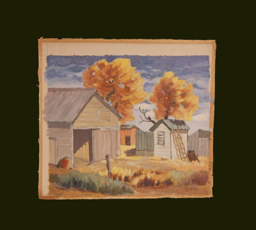 Painting of a barn scene with trees in background