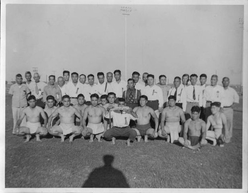 Sumo wrestling troop and supporters at Granada Relocation Center