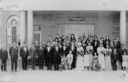 Wedding of Paul Kato and Bernice Uyemura with friends and family at Second Buddhist Church of Sacramento