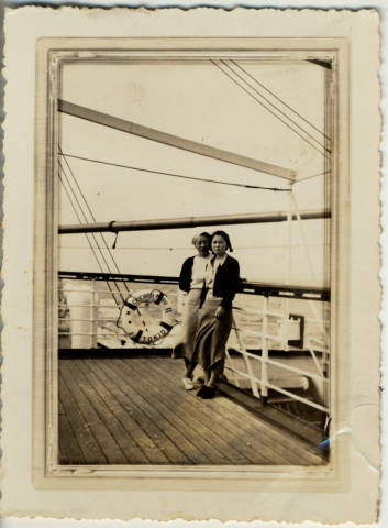 Ruth Nakano and unidentified woman standing on deck aboard the Chichibu Maru of the Nippon Yusen Kaish Line