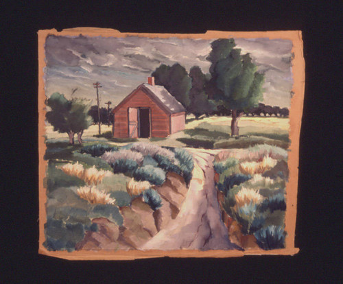 Painting of dirt road leading to red barn