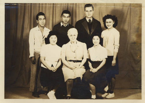 Group portrait of Poston II Relocation Center school employees [?]