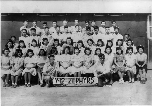 Group photo of "V-12 Zephyrs" at Tule Lake Relocation Center