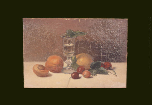 Still life painting of peaches, cherries and water goblet